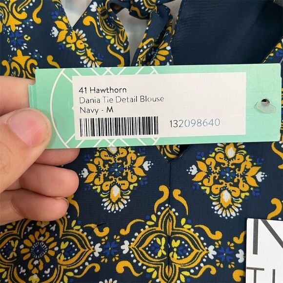 41 Hawthorn Women's M Geometric Tie Neck Blouse Multicolor 3/4 Sleeve - Picture 4 of 8